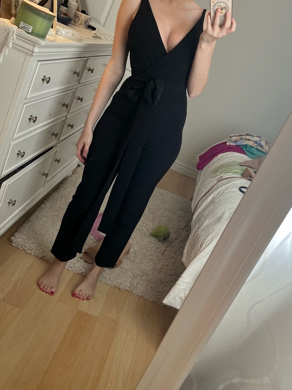 ASOS Black V‑Neck Tie‑Waist Jumpsuit